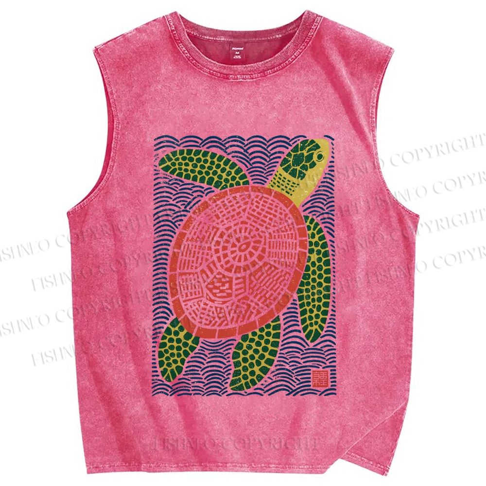 Unisex Vintage Line Style Turtle Printed Washed Tank Top