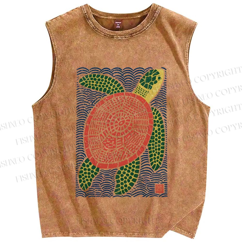 Unisex Vintage Line Style Turtle Printed Washed Tank Top