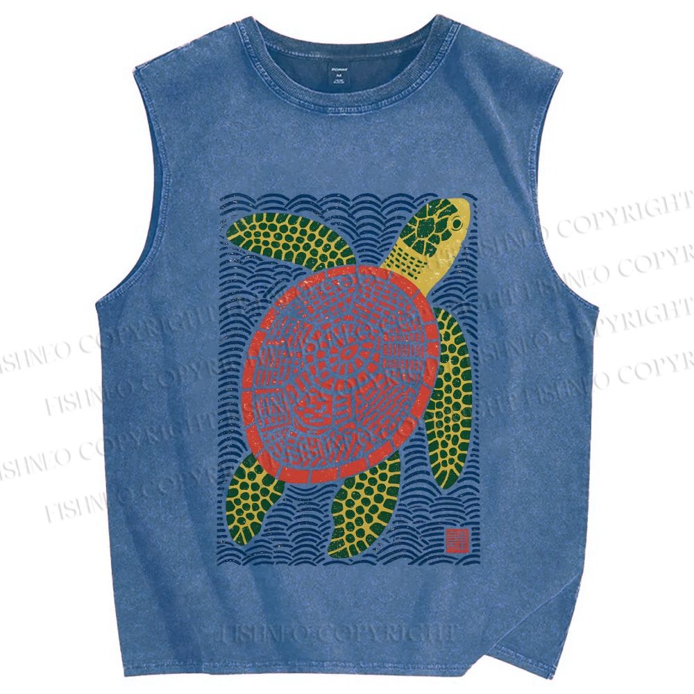 Unisex Vintage Line Style Turtle Printed Washed Tank Top