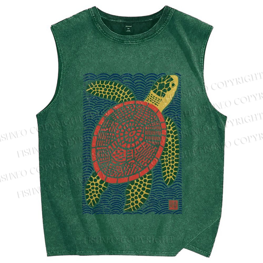 Unisex Vintage Line Style Turtle Printed Washed Tank Top