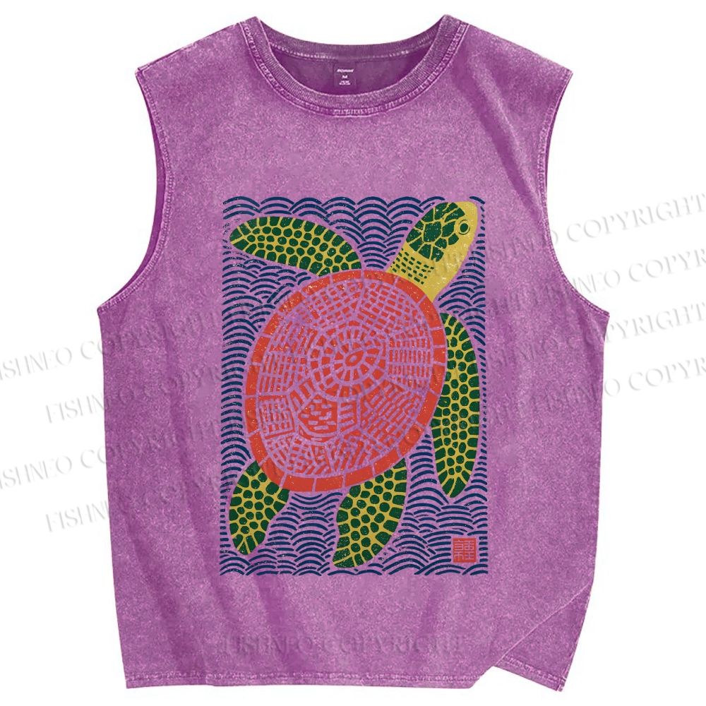 Unisex Vintage Line Style Turtle Printed Washed Tank Top