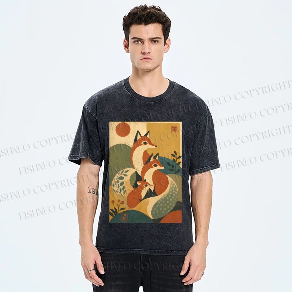 Unisex Vintage Fox Family in Mountain Printed Washed Tee