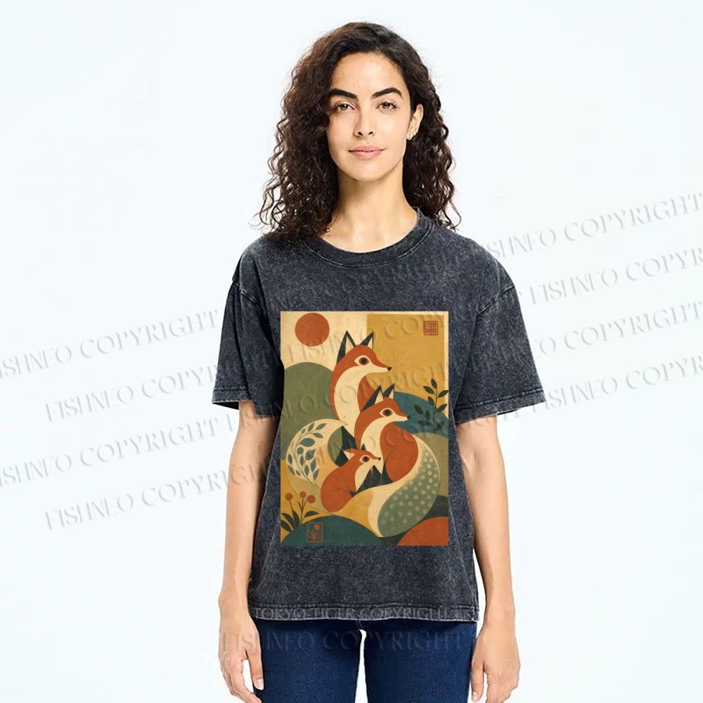 Unisex Vintage Fox Family in Mountain Printed Washed Tee