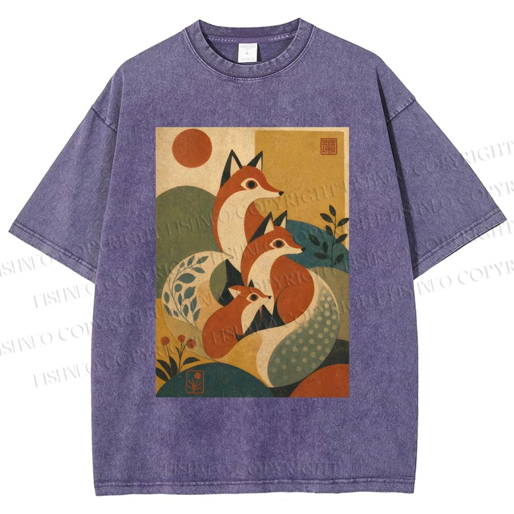 Unisex Vintage Fox Family in Mountain Printed Washed Tee