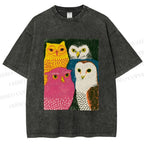 Unisex Funny Owl Birds Printed Washed Tee