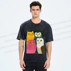 Unisex Funny Owl Birds Printed Washed Tee