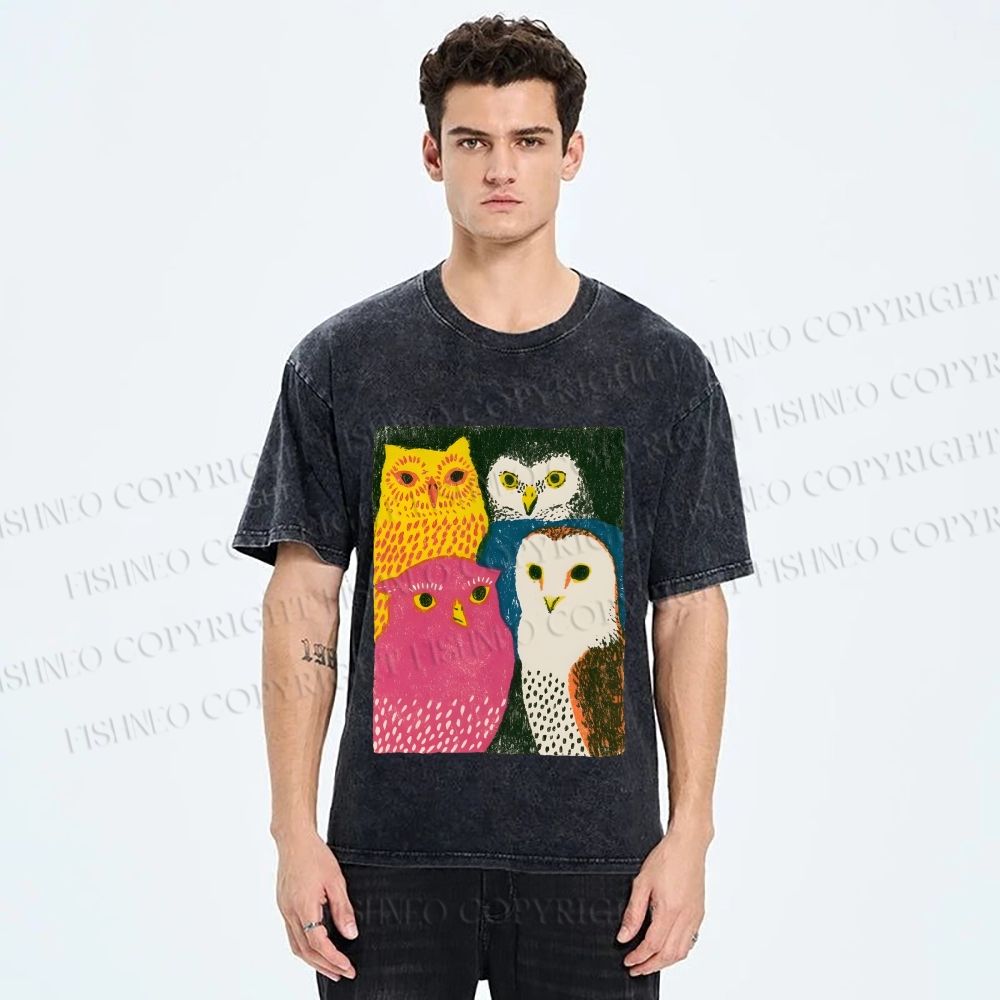 Unisex Funny Owl Birds Printed Washed Tee