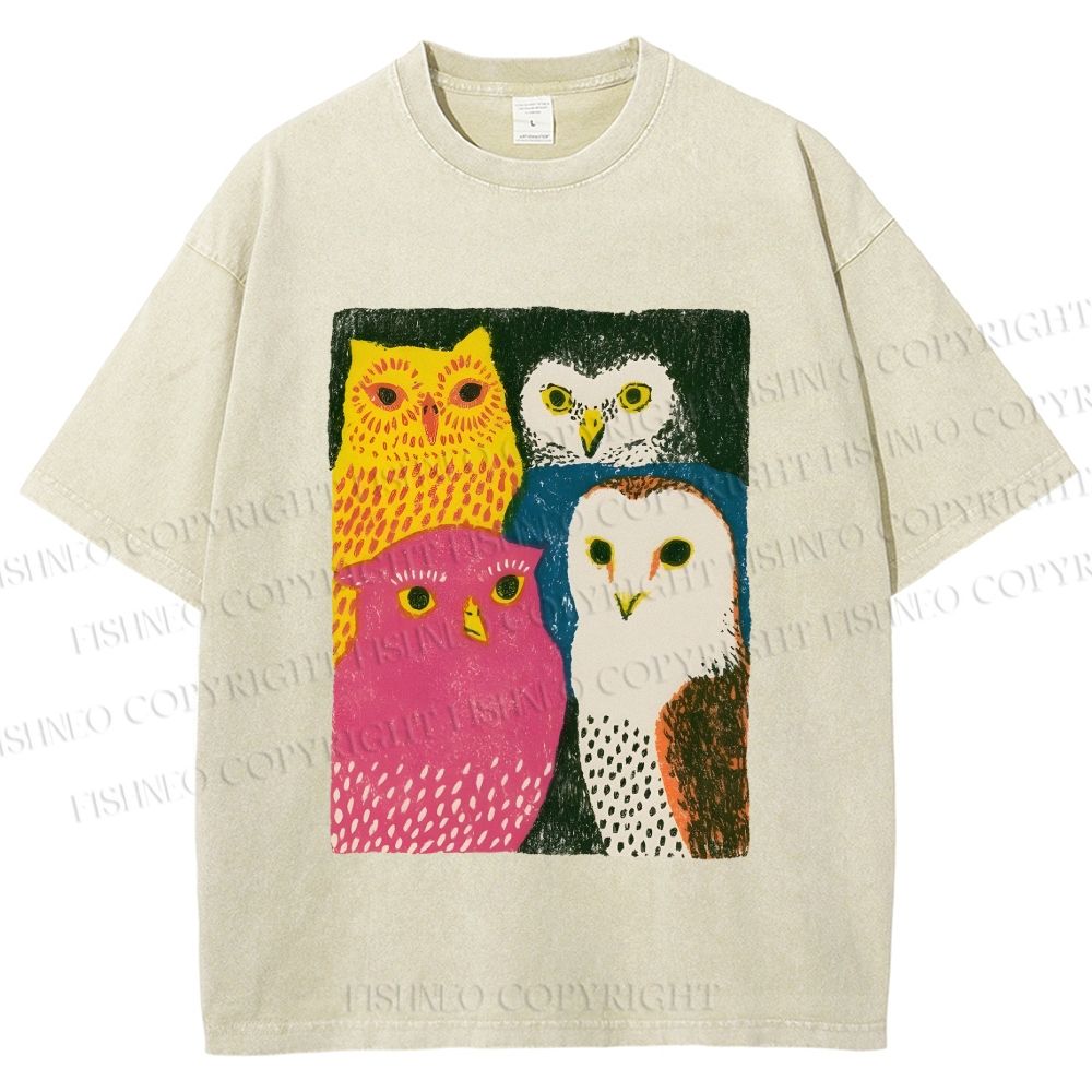 Unisex Funny Owl Birds Printed Washed Tee