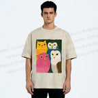 Unisex Funny Owl Birds Printed Washed Tee