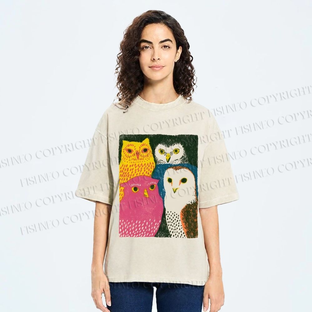 Unisex Funny Owl Birds Printed Washed Tee