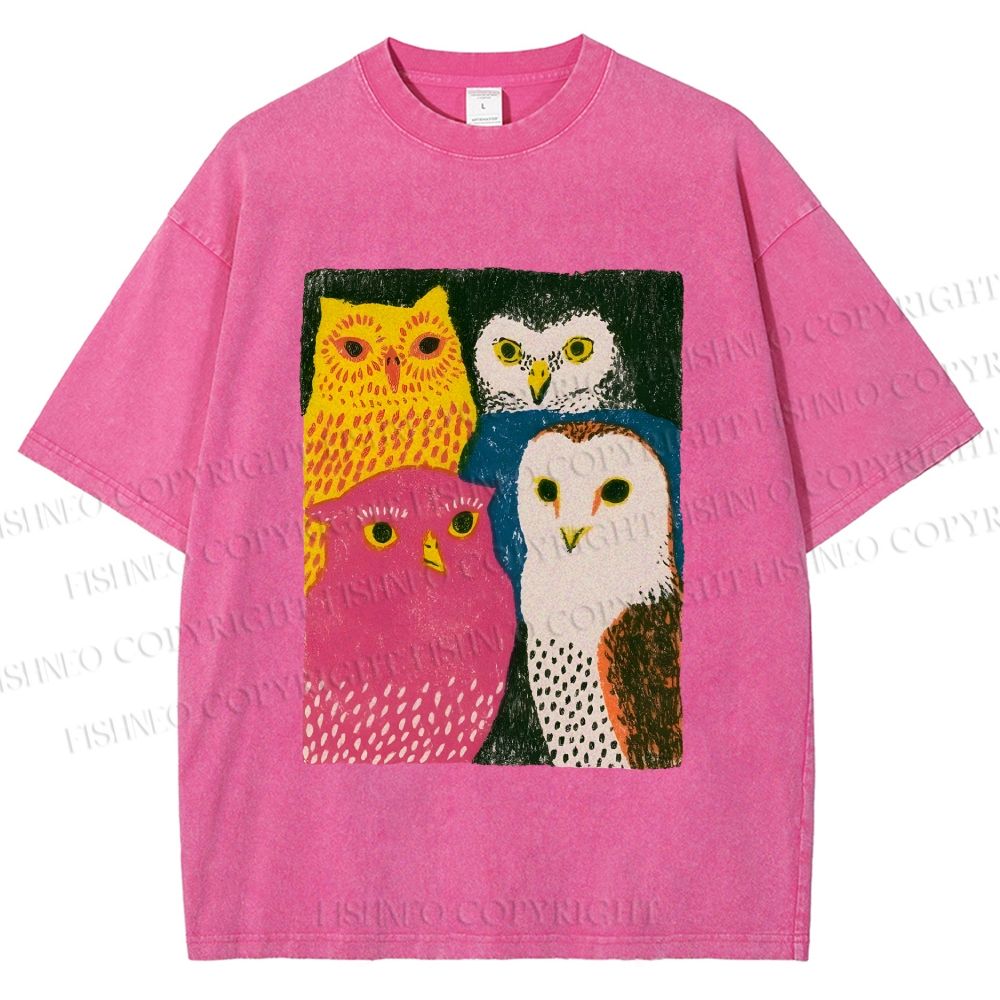 Unisex Funny Owl Birds Printed Washed Tee