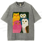 Unisex Funny Owl Birds Printed Washed Tee