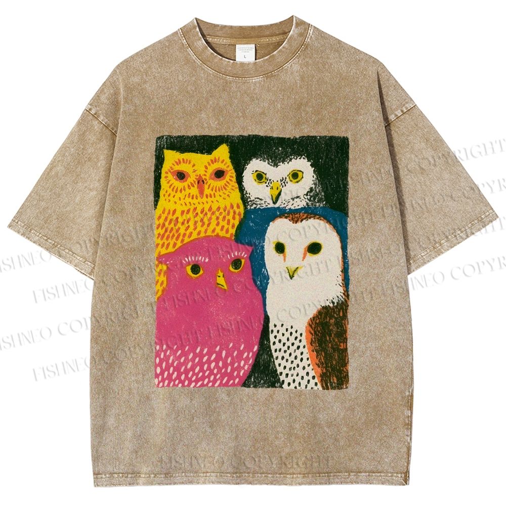 Unisex Funny Owl Birds Printed Washed Tee