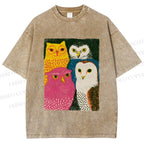 Unisex Funny Owl Birds Printed Washed Tee