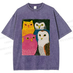 Unisex Funny Owl Birds Printed Washed Tee