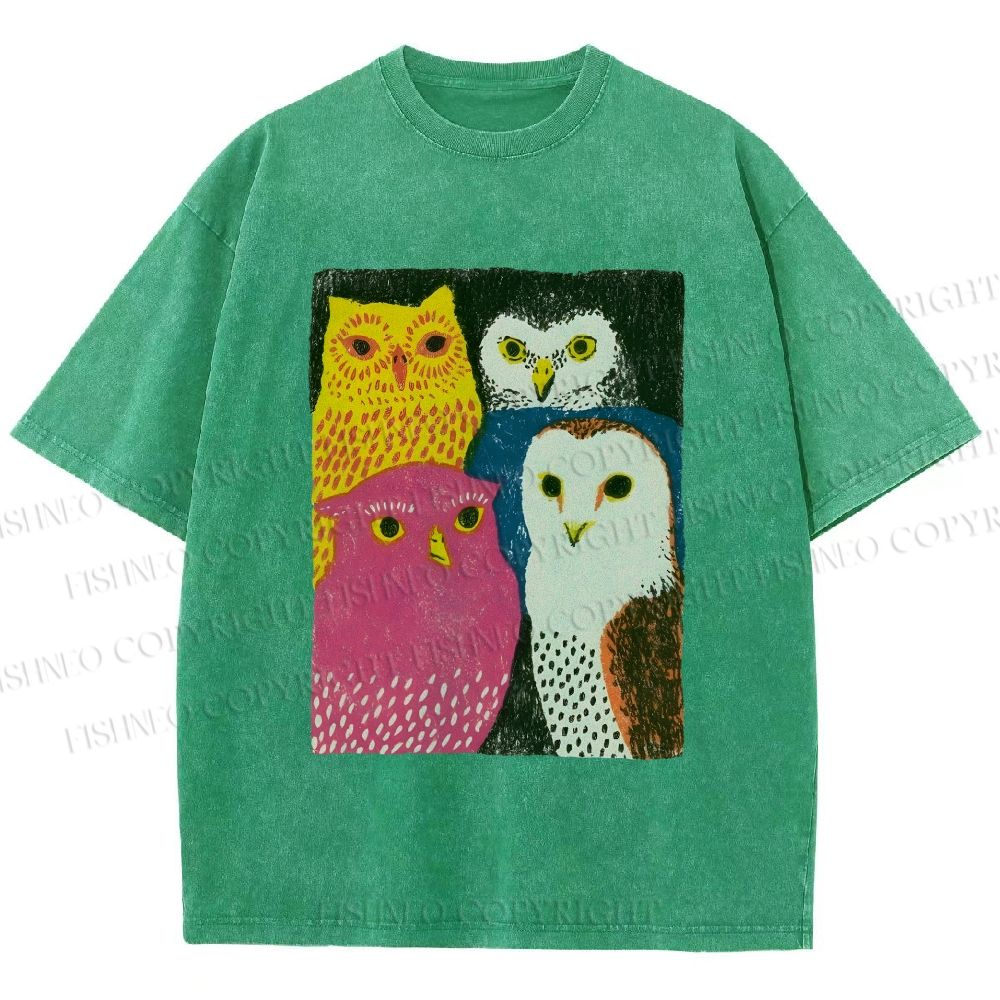 Unisex Funny Owl Birds Printed Washed Tee