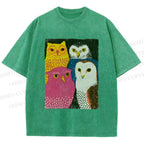 Unisex Funny Owl Birds Printed Washed Tee