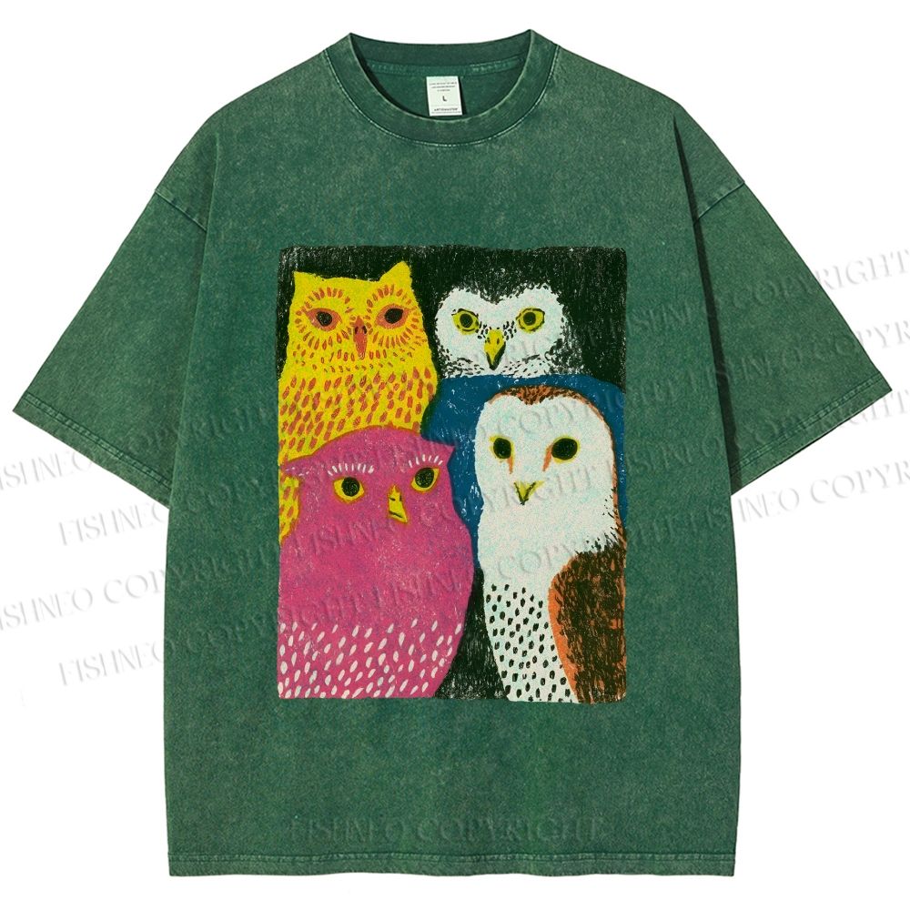 Unisex Funny Owl Birds Printed Washed Tee