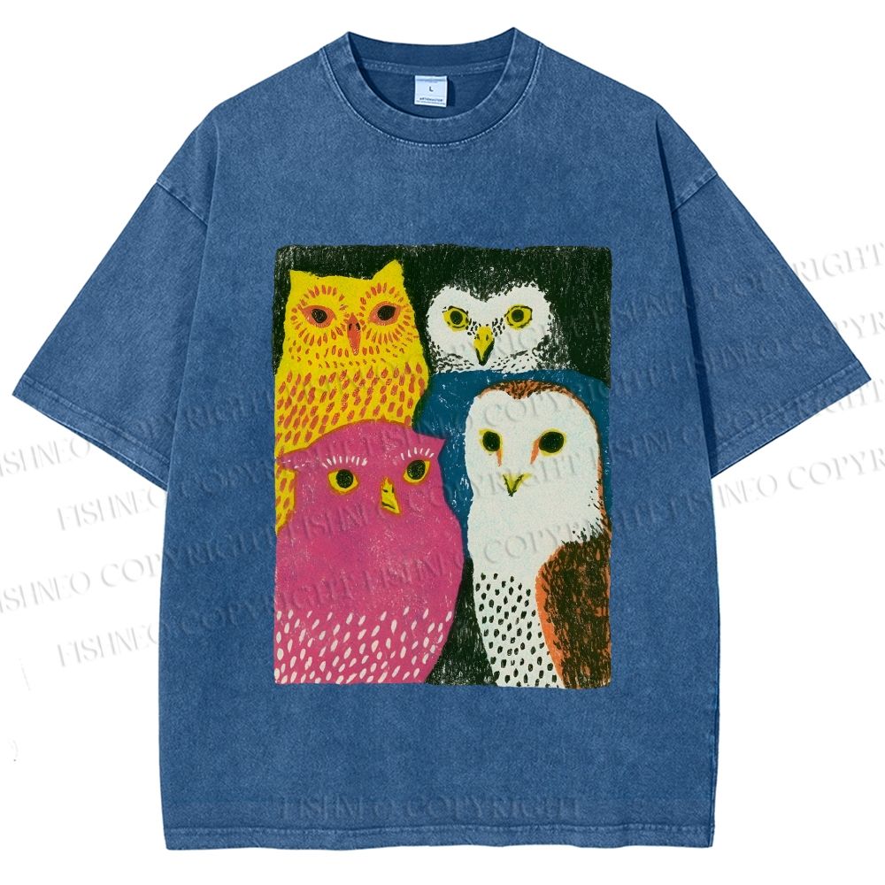 Unisex Funny Owl Birds Printed Washed Tee
