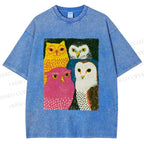 Unisex Funny Owl Birds Printed Washed Tee