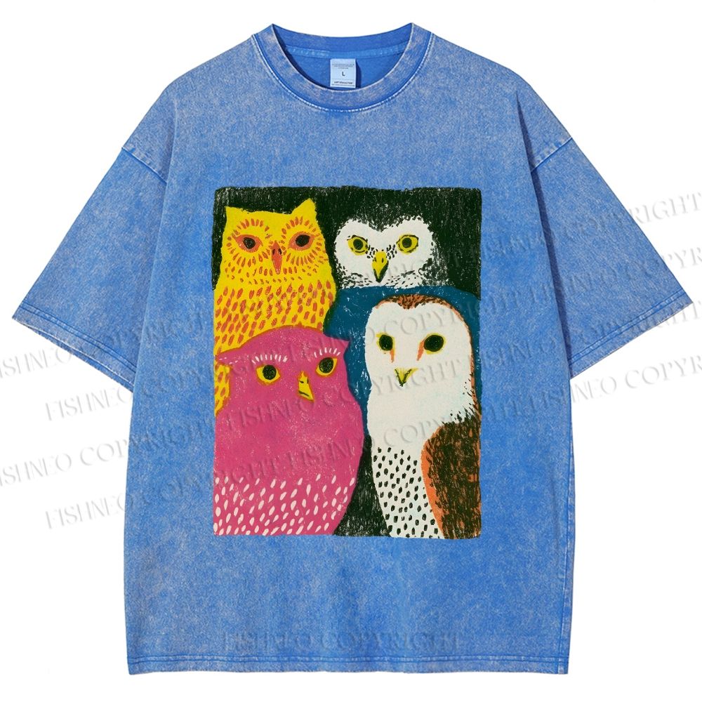 Unisex Funny Owl Birds Printed Washed Tee