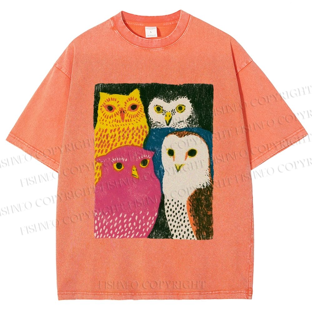 Unisex Funny Owl Birds Printed Washed Tee
