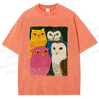 Unisex Funny Owl Birds Printed Washed Tee