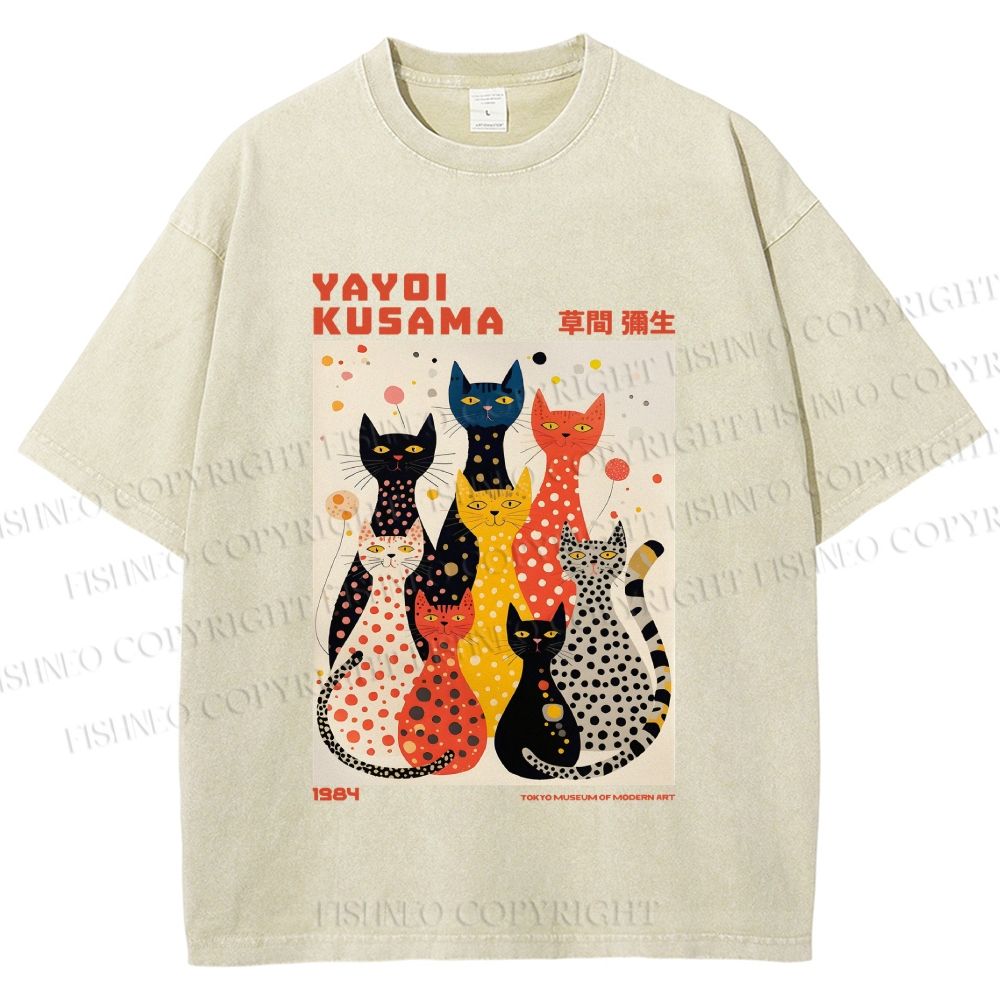 Unisex Yayoi Kusama Cats With Dots Printed Washed Tee