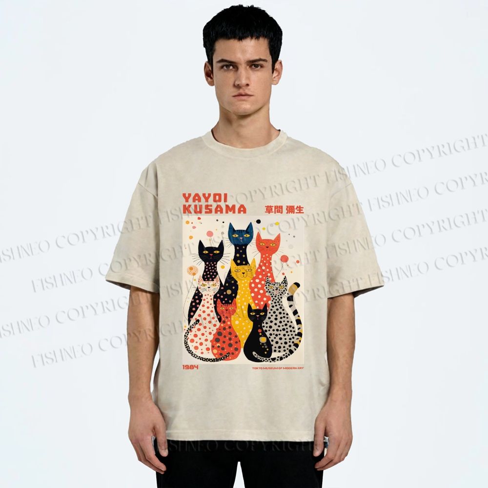 Unisex Yayoi Kusama Cats With Dots Printed Washed Tee