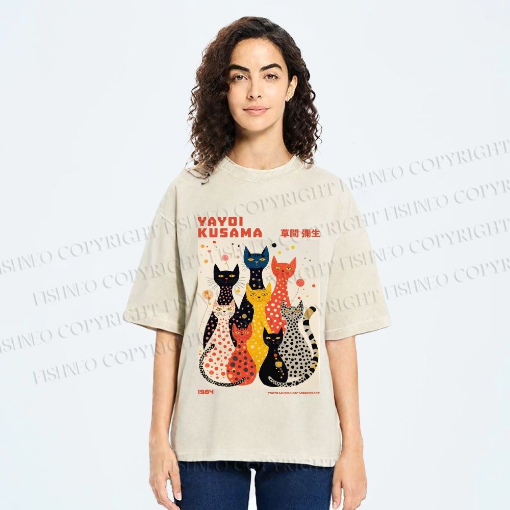Unisex Yayoi Kusama Cats With Dots Printed Washed Tee