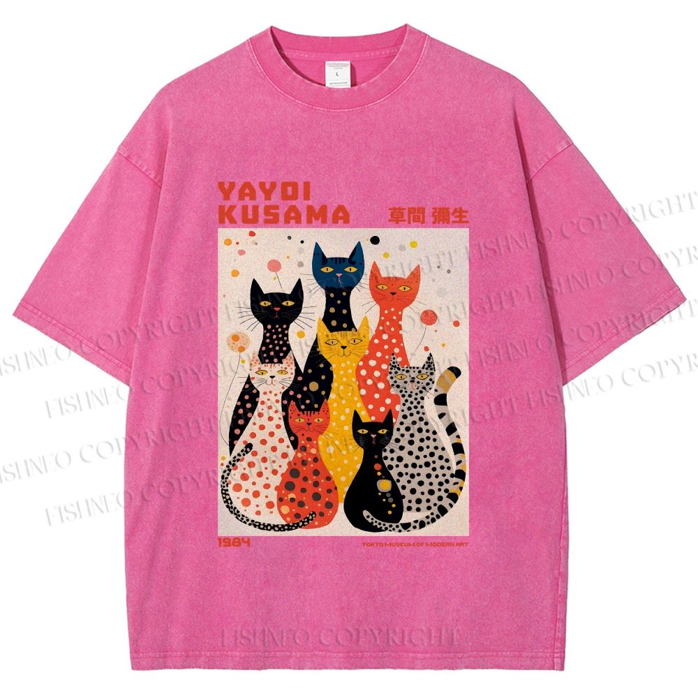 Unisex Yayoi Kusama Cats With Dots Printed Washed Tee