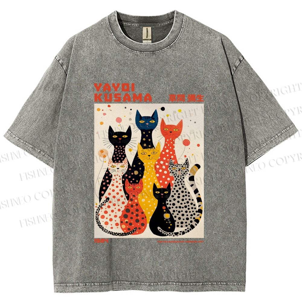 Unisex Yayoi Kusama Cats With Dots Printed Washed Tee