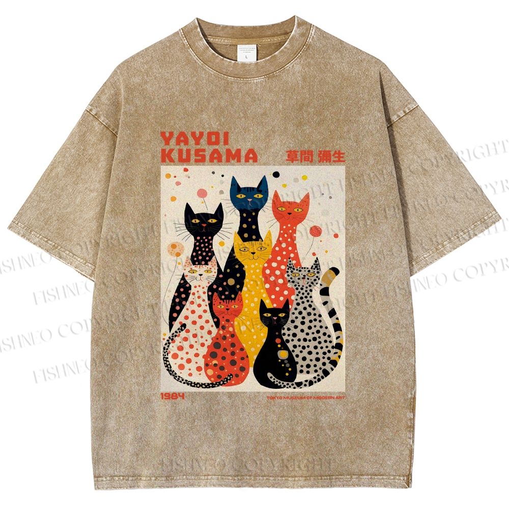 Unisex Yayoi Kusama Cats With Dots Printed Washed Tee