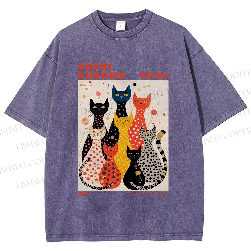 Unisex Yayoi Kusama Cats With Dots Printed Washed Tee