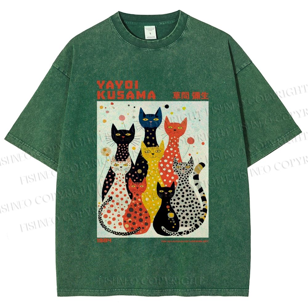 Unisex Yayoi Kusama Cats With Dots Printed Washed Tee