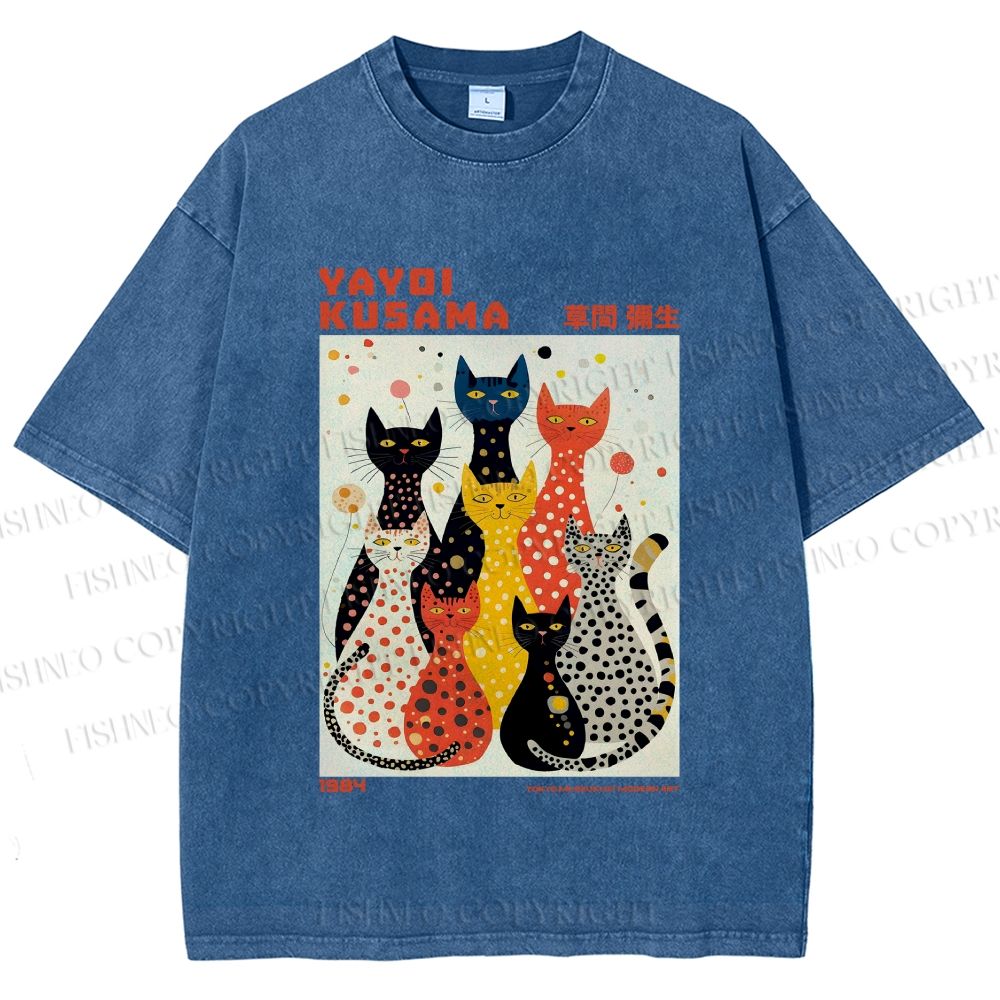 Unisex Yayoi Kusama Cats With Dots Printed Washed Tee