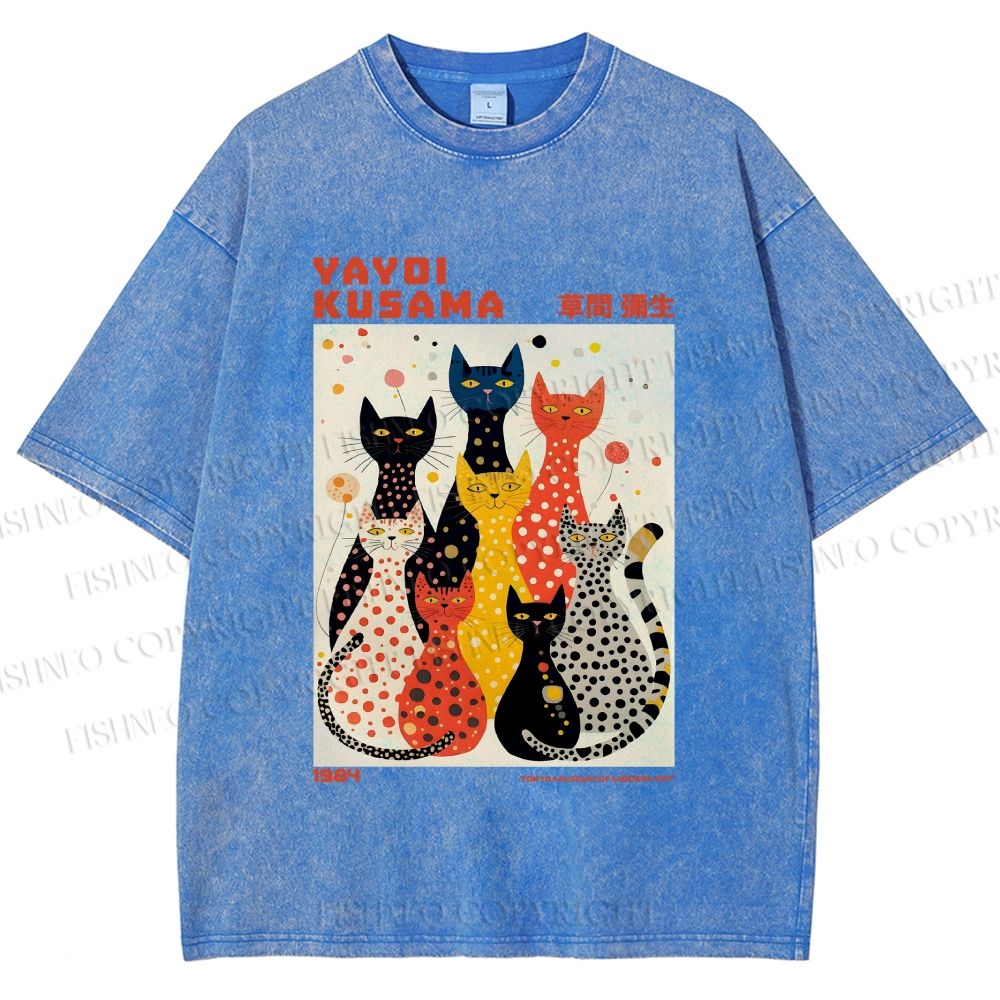 Unisex Yayoi Kusama Cats With Dots Printed Washed Tee