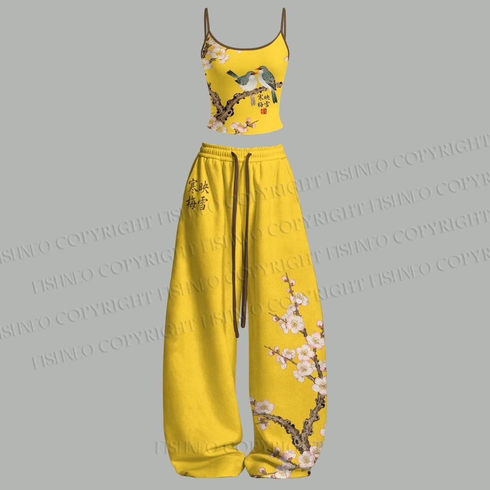 Vintage Bird in Flowers Top & Elasticated Trousers Two-Piece Set