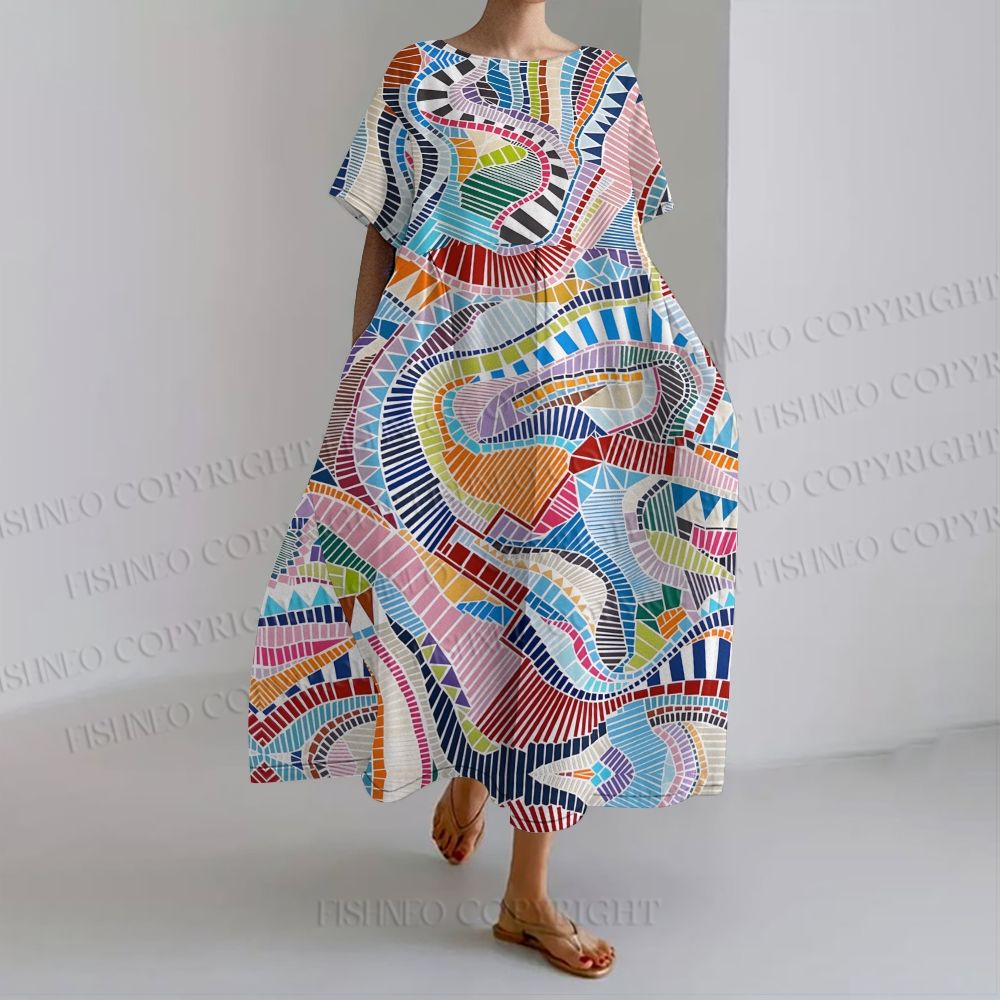 Women's  Abstract Geometic loose Fit round neck long sleeve maxi dress dress