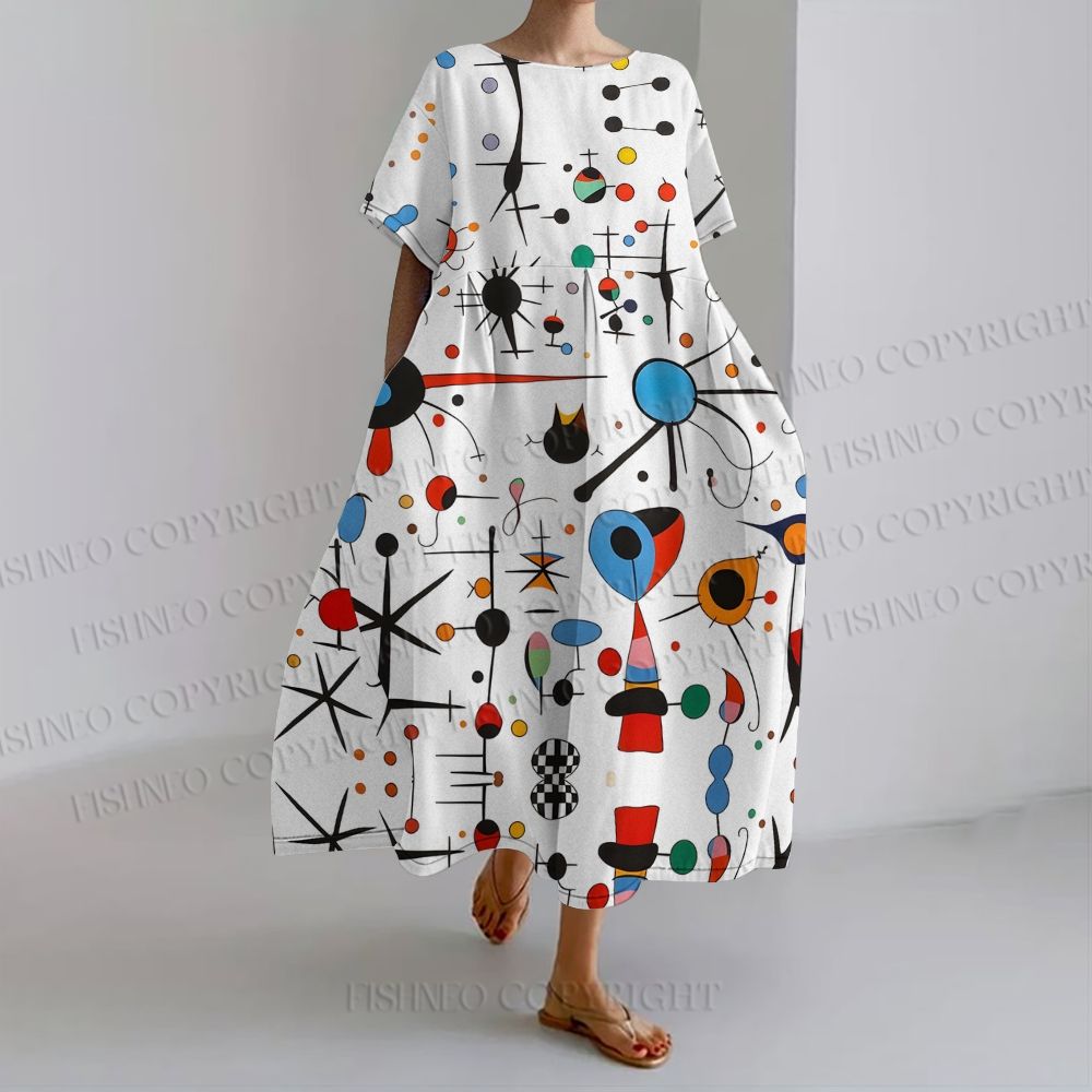 Women's Joan Miró Style Art loose Fit round neck long sleeve maxi dress dress