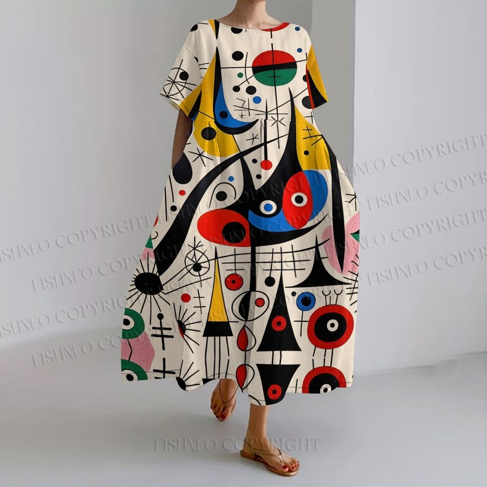 Women's Joan Miró Style Art loose Fit round neck long sleeve maxi dress dress