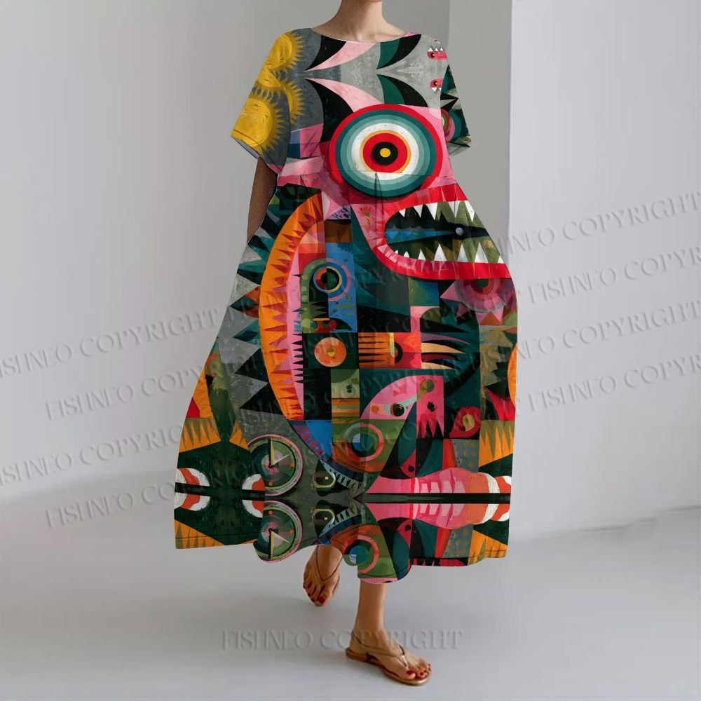 Women's Abstract Lizard loose Fit round neck long sleeve maxi dress dress