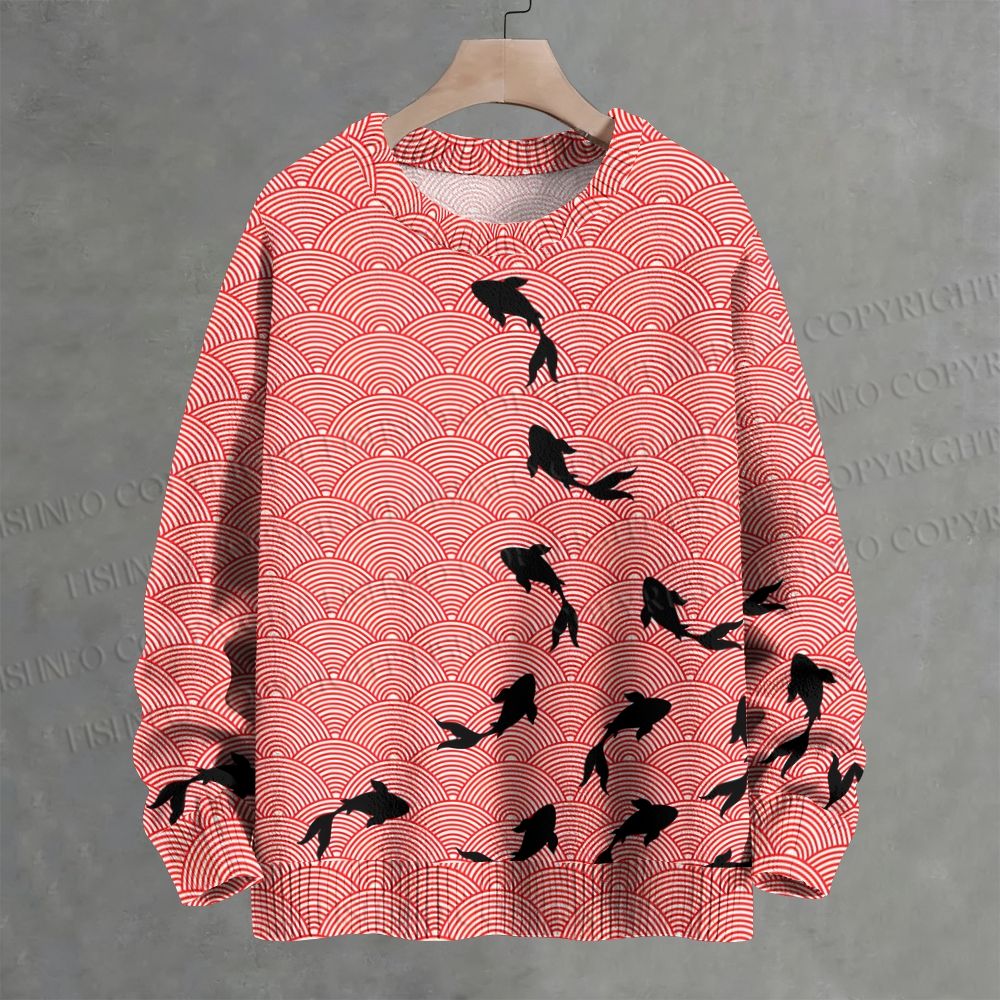 Japanese Vintage Wave Koi Printed Crew Neck Sweater