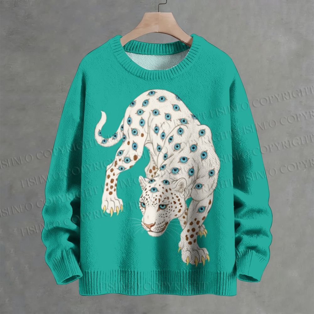 White Panther With Eyes Crew Neck Sweater