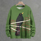 Black Crowd Bird With Red Fruits Crew Neck Sweater