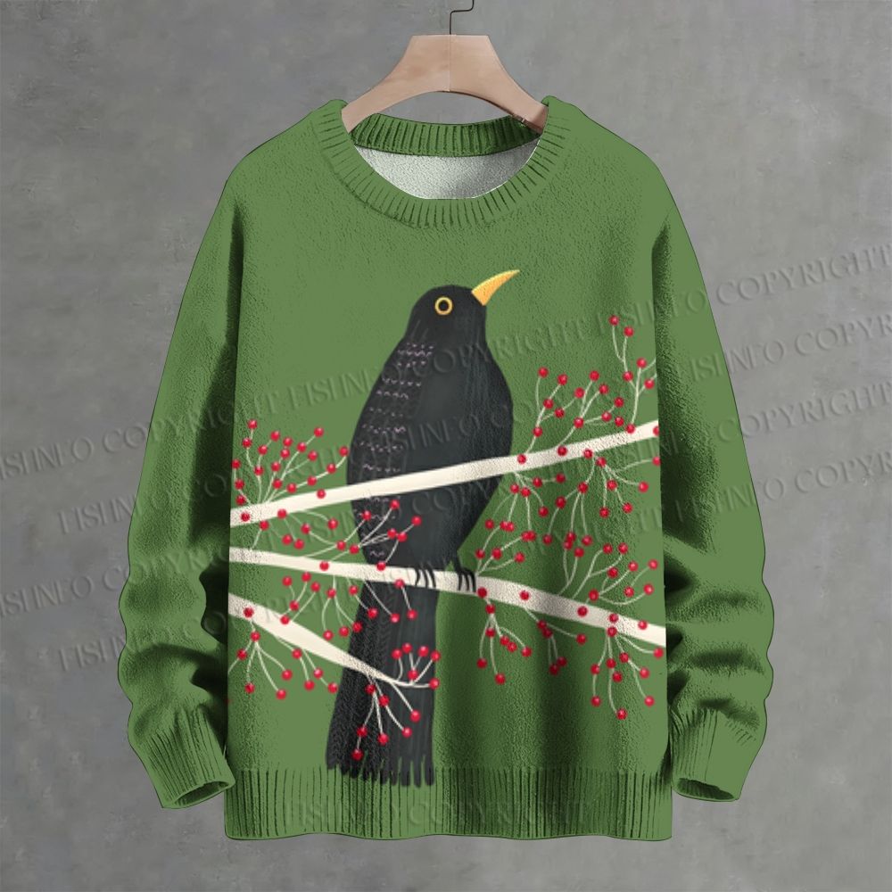 Black Crowd Bird With Red Fruits Crew Neck Sweater
