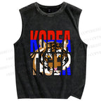 Unisex Korea Tiger Printed Washed Tank Top