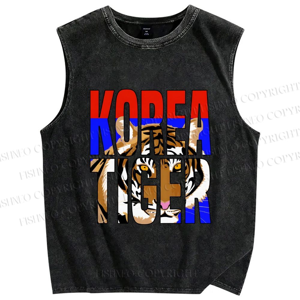 Unisex Korea Tiger Printed Washed Tank Top
