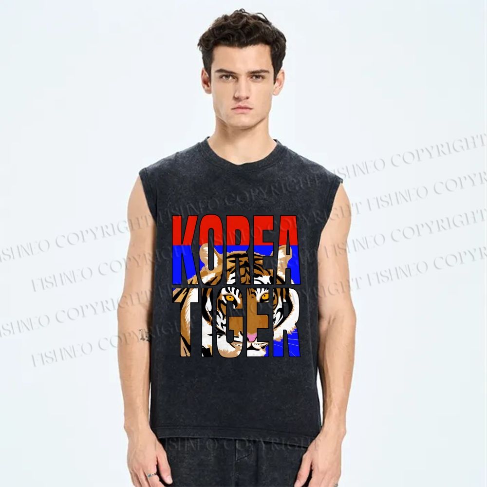 Unisex Korea Tiger Printed Washed Tank Top