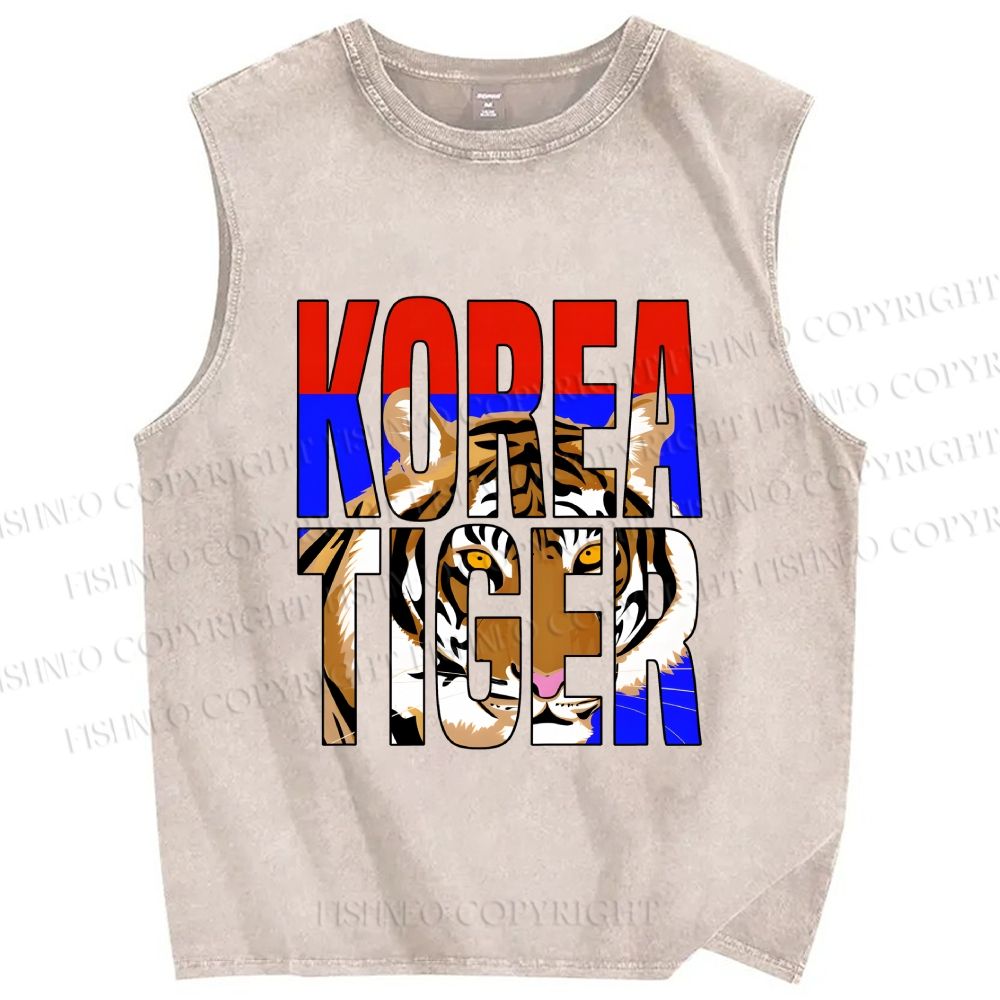 Unisex Korea Tiger Printed Washed Tank Top